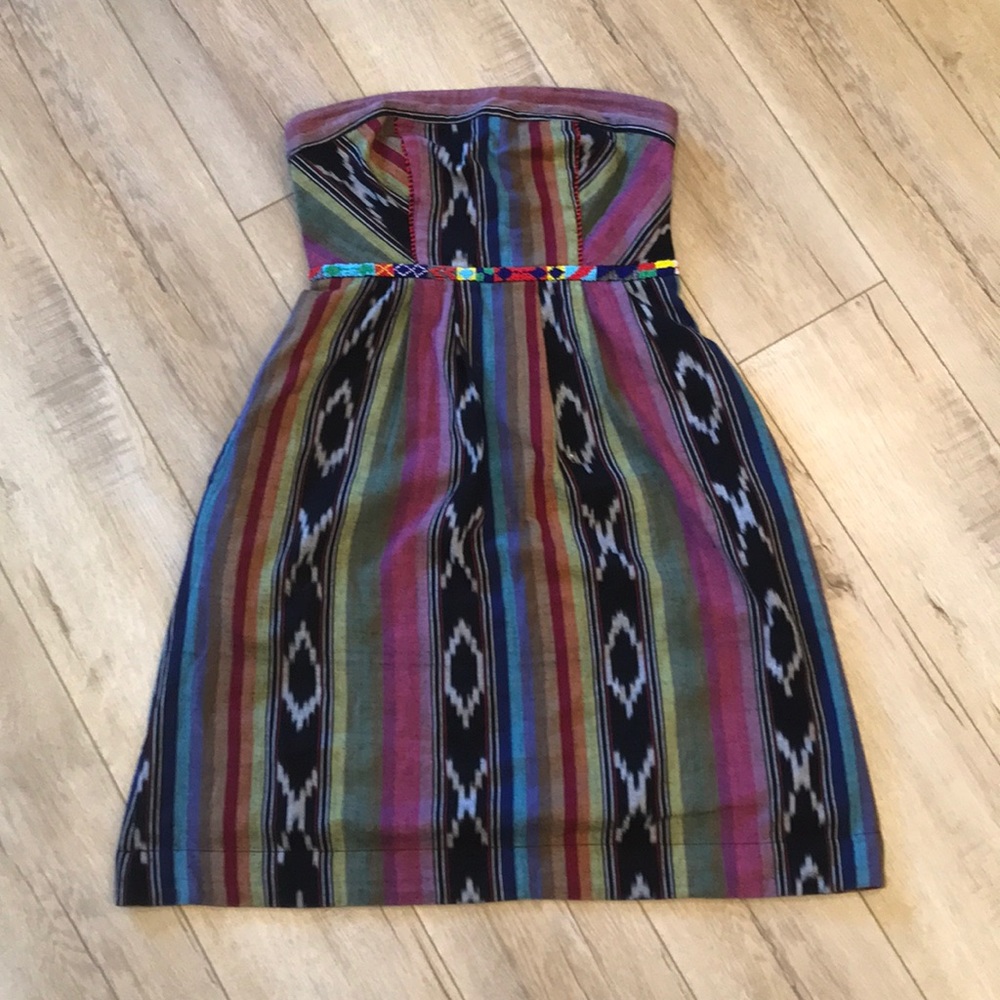 Strapless Anthropologie patterned dress w beading